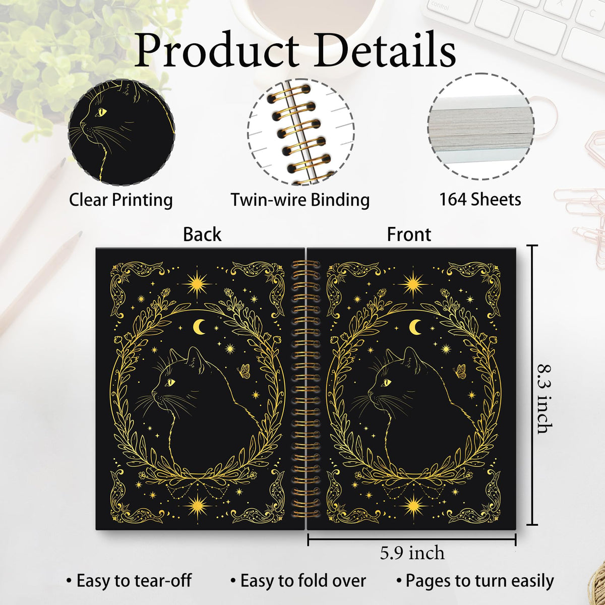 KTYHD Gothic Witchy Tarot Cat Notebook Journal 5.5x8.3in,Gothic Gold and Black Cat Journal for Writing,Goth Witch Animal Hardcover Spiral Notebooks