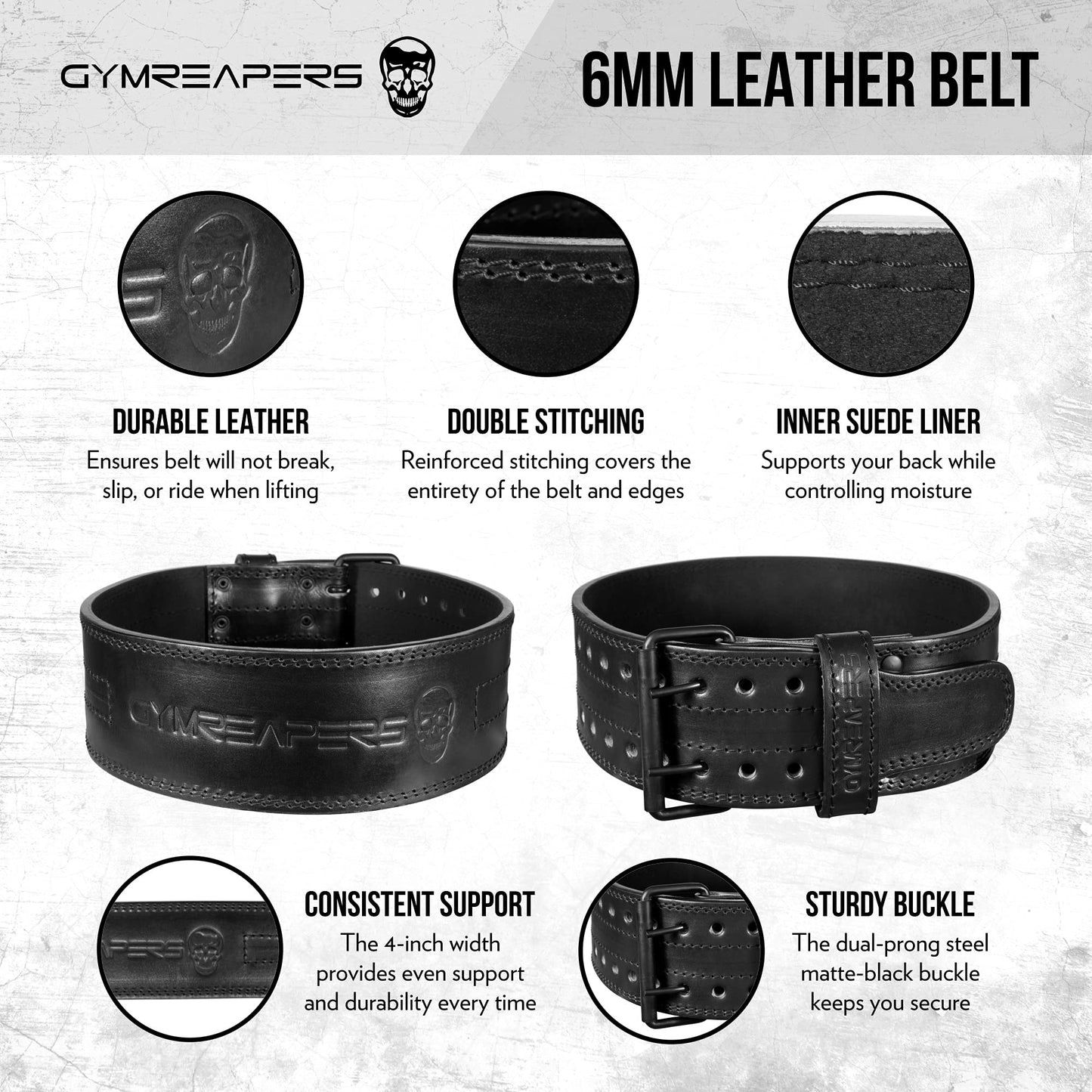 Gymreapers Weightlifting Belt 6MM Genuine Leather - Double Prong Power Belt Heavy Duty 4-Inch Wide - Strong, Stabilizing Back Support for Deadlifts, Squats Powerlifting (Black, Small)