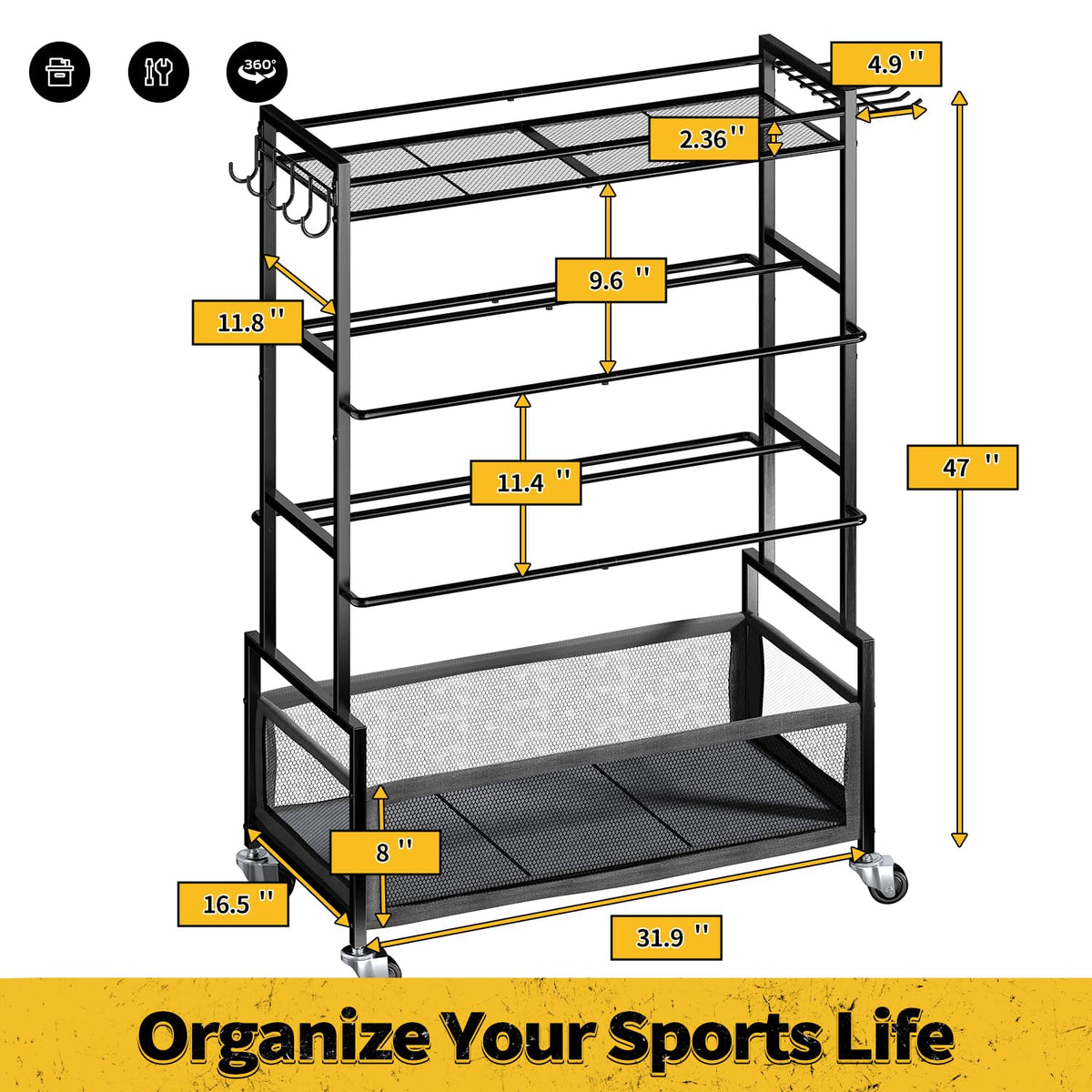 SOYEEZE Sports Equipment Organizer- Ball Storage for Garage,4 Tiers Outdoor Toy Storage,Soccer Racks,Basketball Shooting Training Stand Cart with Wheels and Hooks for Home-School and Gym Use