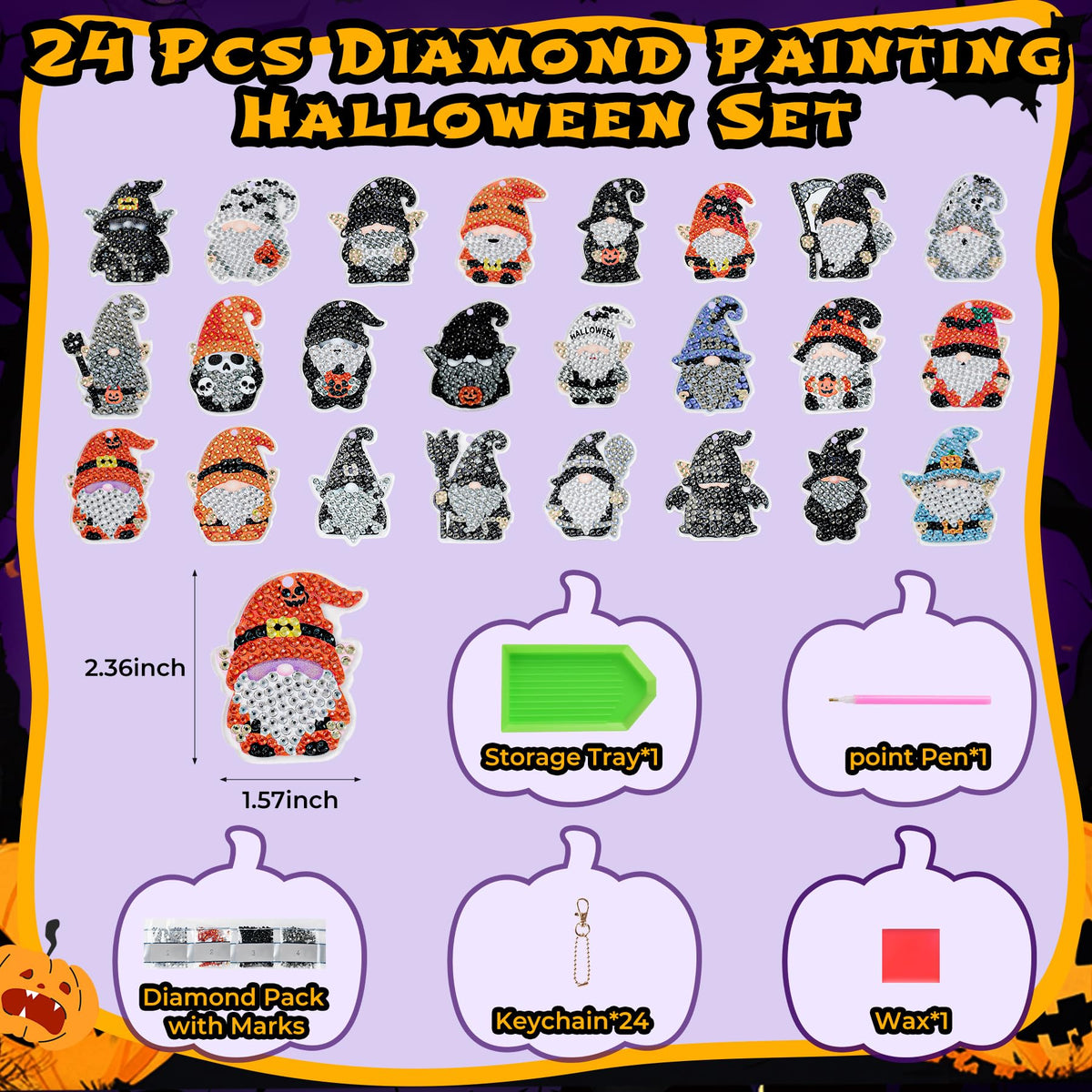 Halloween Diamond Painting Advent Calendar 2026, Unique Gnomes Advent Calendar 24 Days, DIY Crafts Diamond Art Calendar, Keychains, Trick or Treat, Surprise Halloween Gifts for Girls, Kids, Women, Adult (Purple Box)
