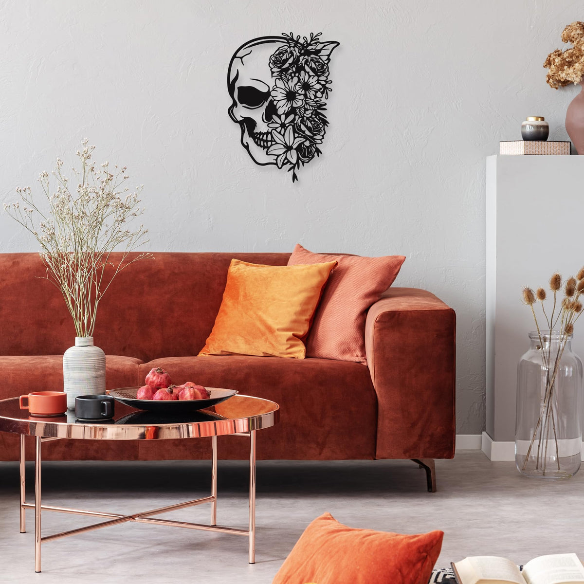Rajukit Skull Wall Decor with Floral Accents - Gothic Wall Art 3D Metal Sculpture for Home, Halloween Decorations Outdoor & Goth Room Decor - Skeleton Eclectic Wall Art(14.4''x10.7'')