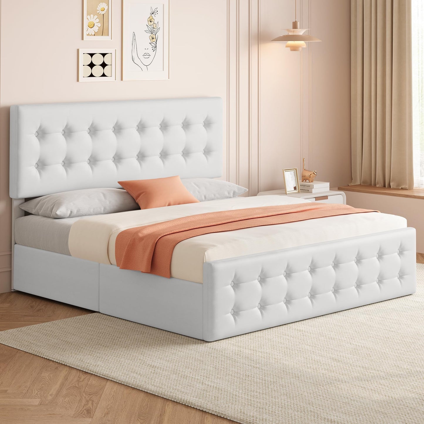 GarveeHome King Size Bed Frame with 4 Storage Drawers and Faux Leather Upholstered Headboard, Wooden Slats Support, Button Tufted Design, No Box Spring Needed, White