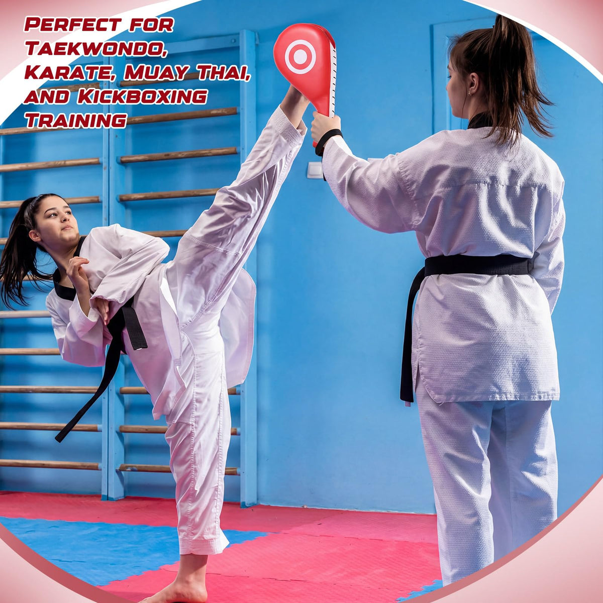Poen 7 in 1 Taekwondo Kick Pad Boxing Training Equipment Punching Mitts Martial Arts Wrist Band Adjustable Soft Pads Set for Karate Muay Thai MMA Training (Red,Circle)
