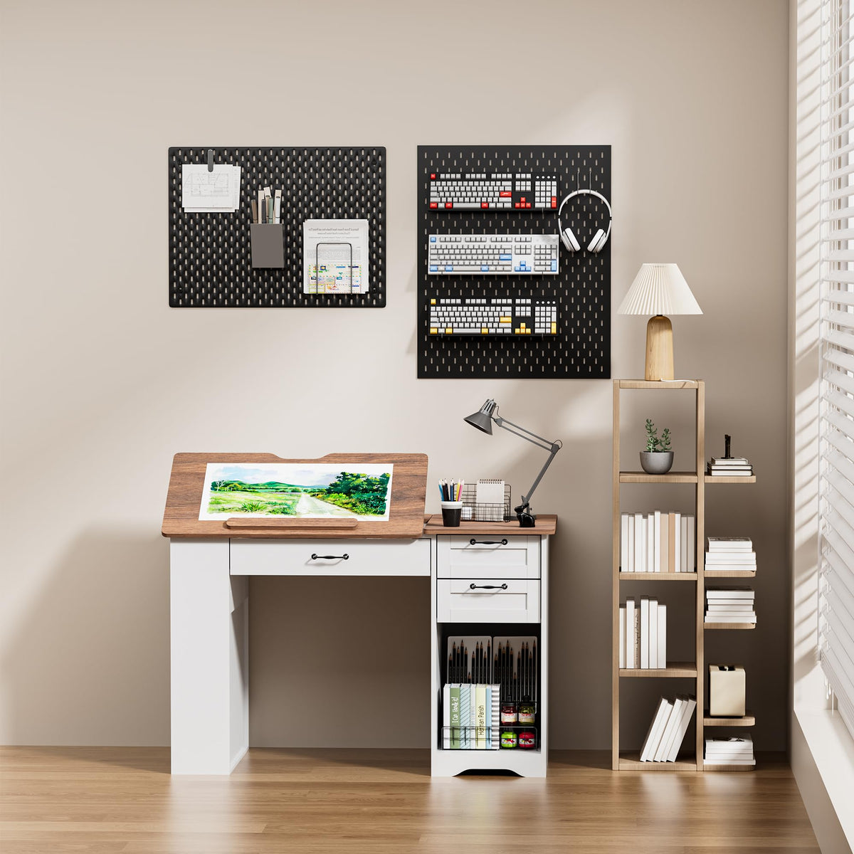 Smilets Crafting Table with Storage Cabinet & Drawers, Adjustable Drafting Table with Open Shelves, Drawing Computer Desk, Painting Desk, Workstation for Home Office Reading, Writing, Craftin