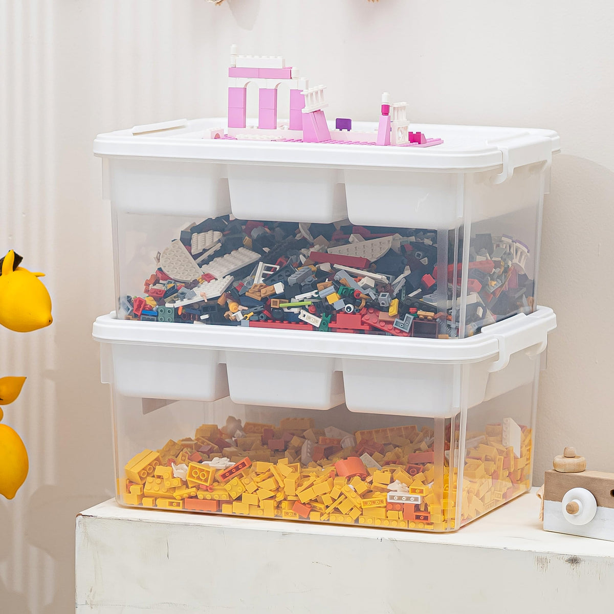 Citylife 17 QT Plastic Storage Box with Building Baseplate Lid and Removable Tray Craft Organizers and Storage Clear Storage Container for Organizing Bead, Tool, Sewing