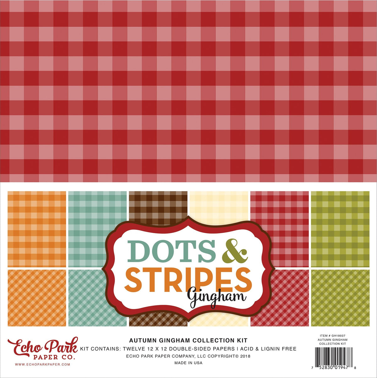 Echo Park Paper Company Autumn Gingham Collection Kit paper, Orange, Yellow, Blue, Brown, Tan, Red 12-x-12-Inch