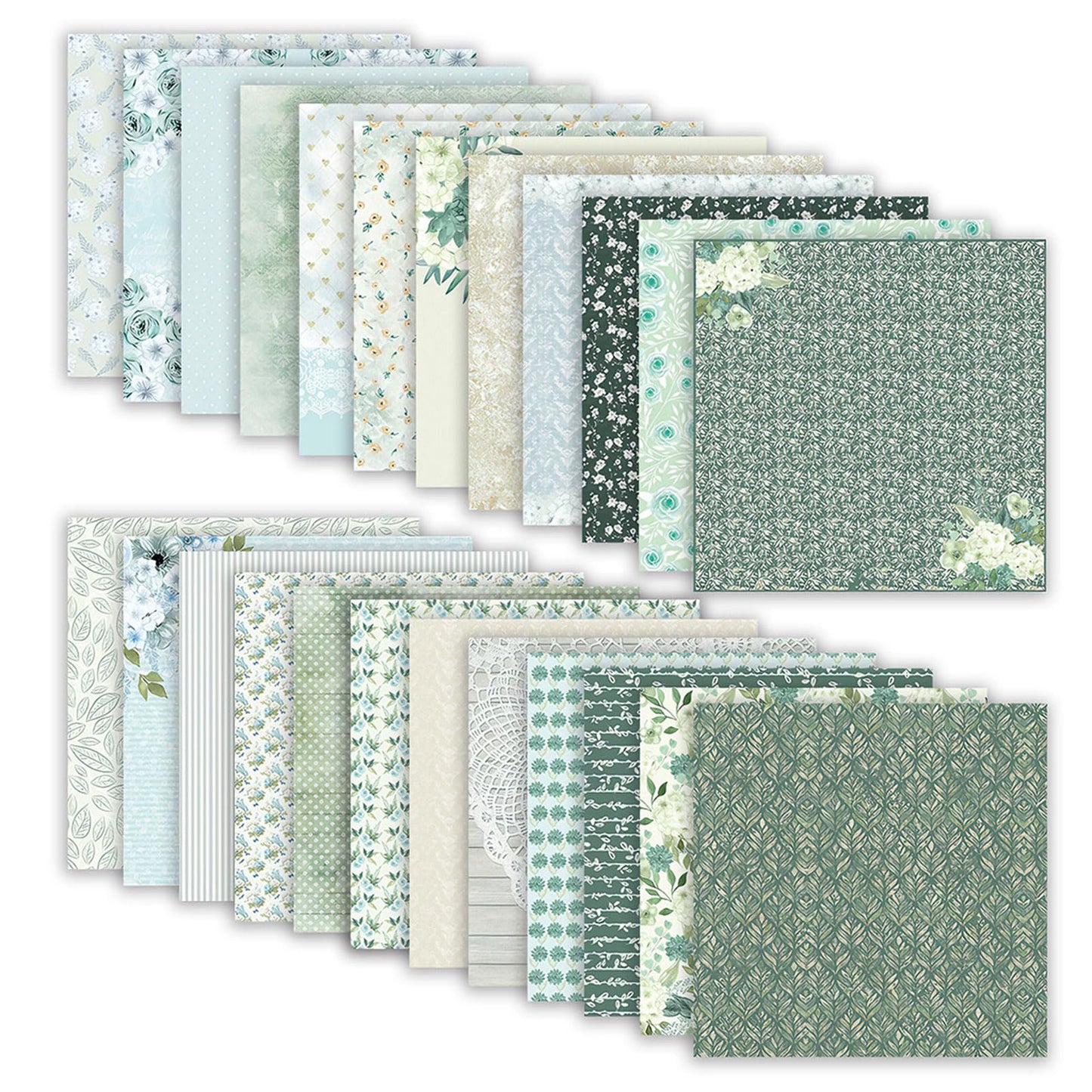 24 Sheets Scrapbook Paper, 12 x 12 Inch Floral Background Decorative Paper, Double Sided Romantic Patterned Scrapbooking Paper, Scrapbooking Supplies for DIY Album Decoupage or Card Making (Green)