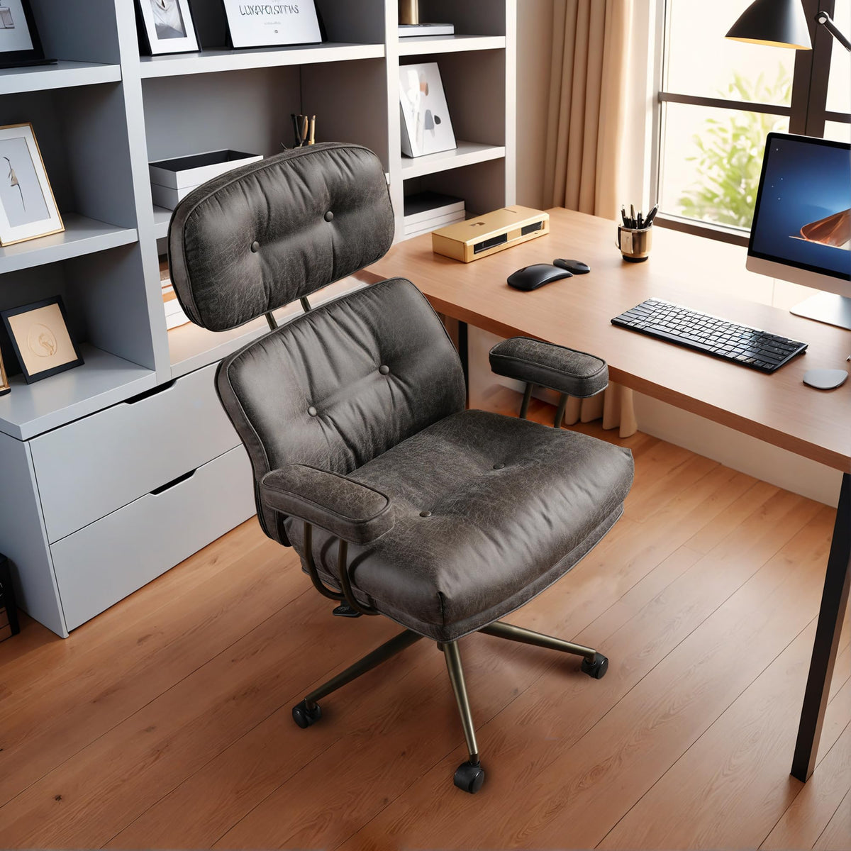 Faux Leather Executive Office Chair - Big and Tall Ergonomic Home Office Chair,Reclining Computer Desk Chairs with Lumbar Support,Adjustable Task Swivel Rolling PC with Wheels,Grey,Suede