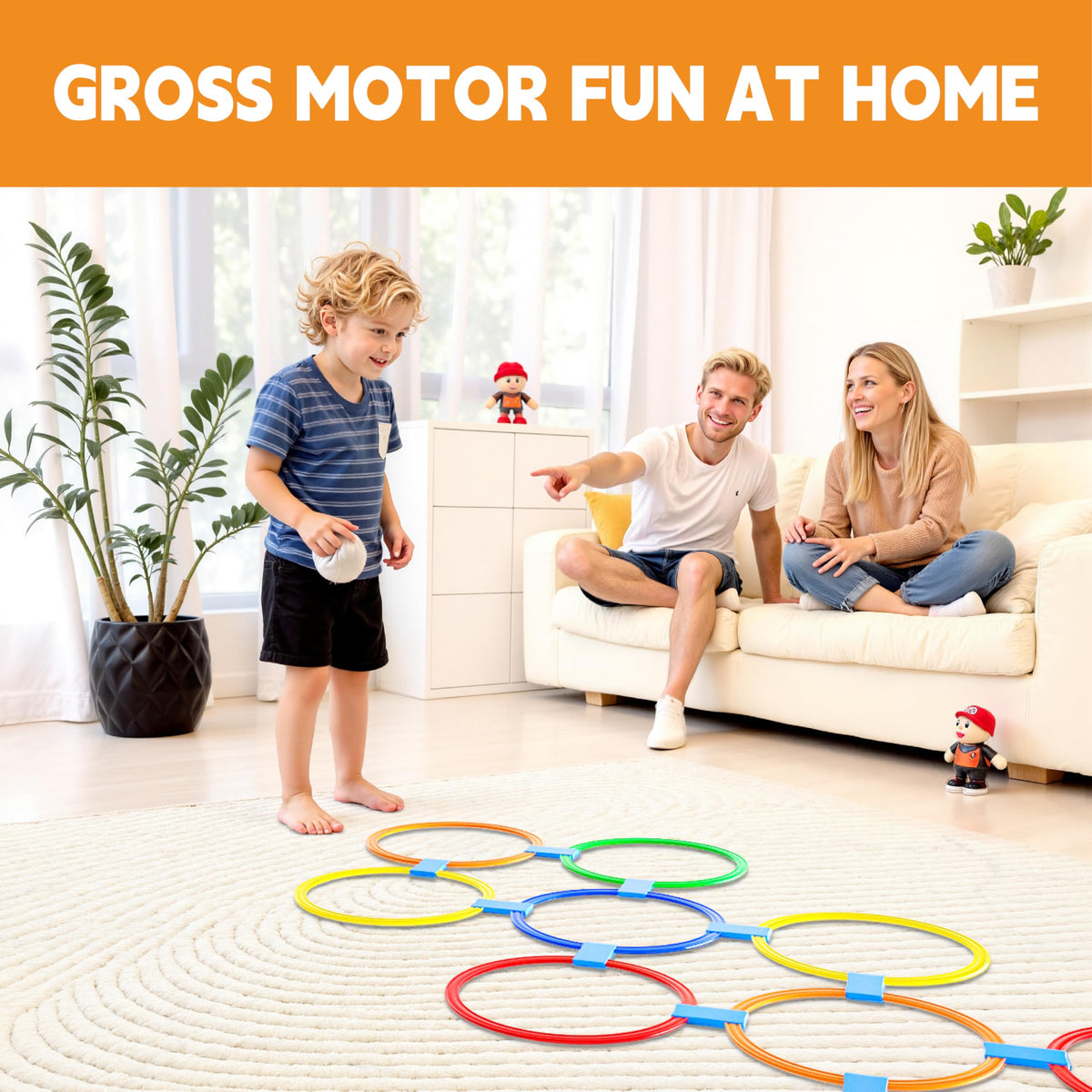 Oranmew Hopscotch Rings, 1-Set – 10 Round Hoops (11-inch) + 15 Connectors, Agility Rings for Kids, Builds Gross Motor Skills, Preschool & Kindergarten PE, Indoor/Outdoor Playground Obstacle Course