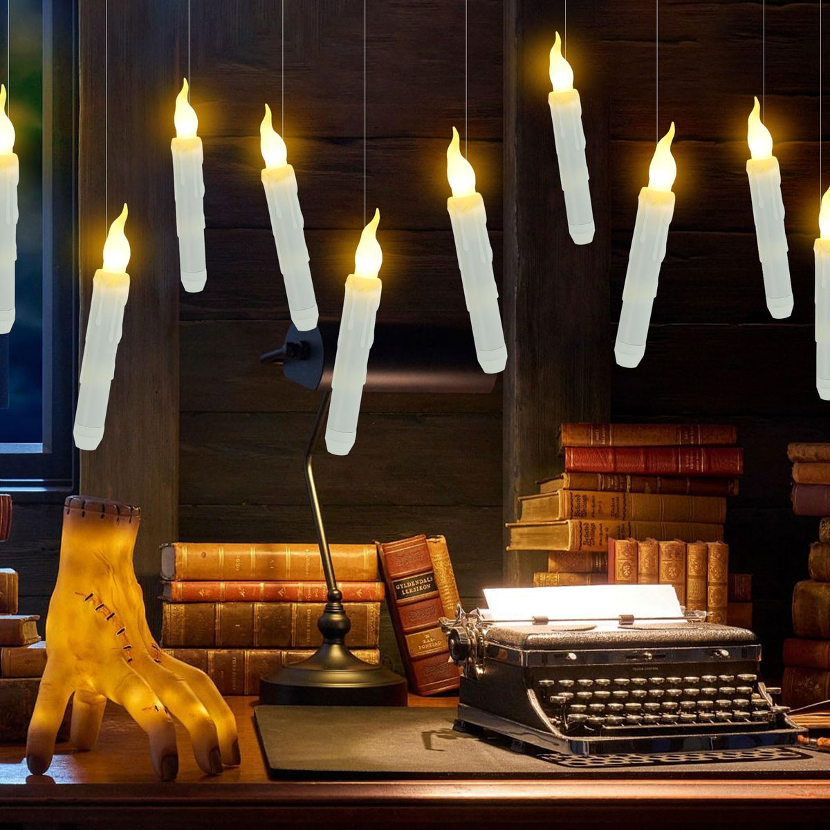 Treewoll 12pcs Flameless Floating Candles with Wand Remote, 6.7" L Battery Operated Flickering Candles with Hanging Wire for Ceiling Dining Table Wedding Magic Themed Parties Halloween Decorations