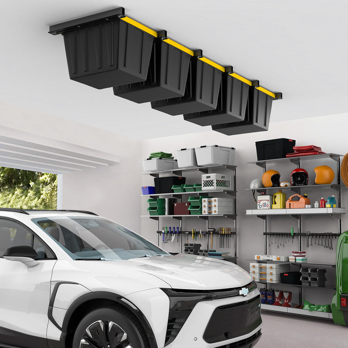 EVERHANGER Ceiling Storage Rack, Heavy Duty Overhead Garage Storage Rack, Adjustable Ceiling Bin Storage System, 6 Sets for 5 Bins, 26 Inch