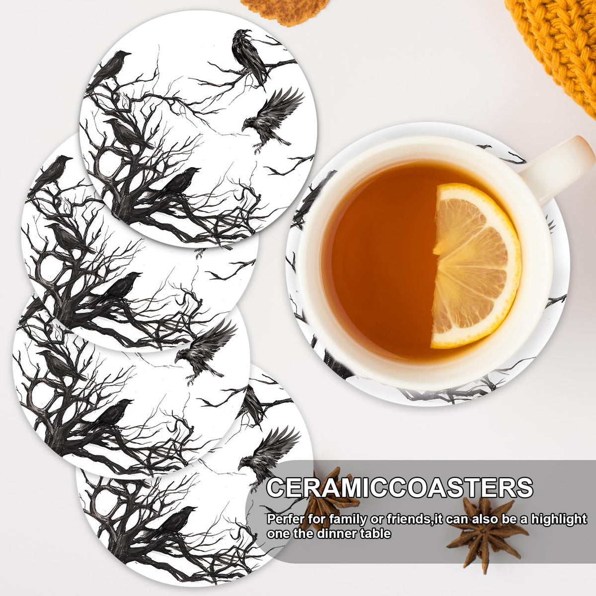 6Pcs Halloween Coasters with Holder Silhouette Tree Crows Drink Coasters Branches Black Ceramic Cup Mats for Party Home Office Table Decor