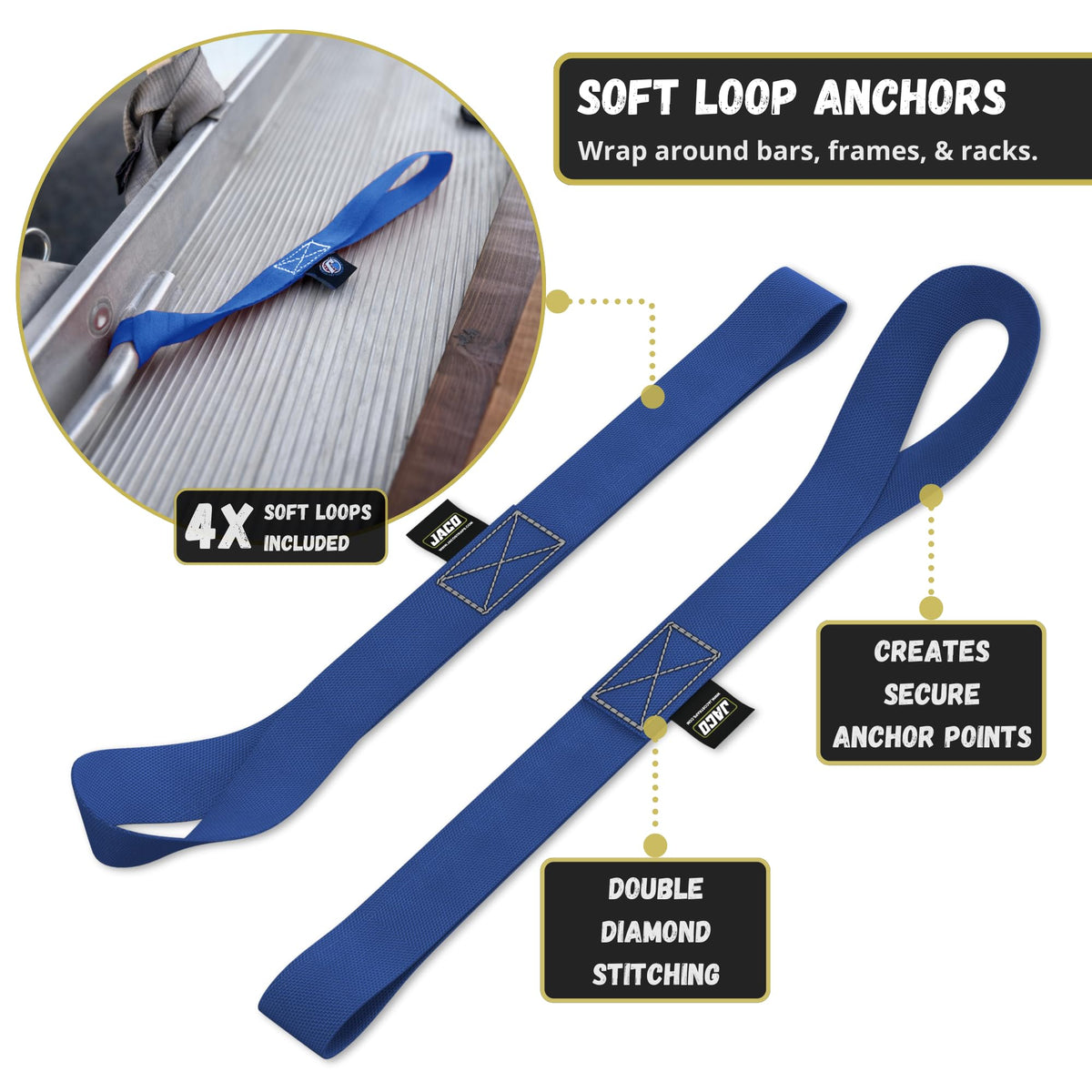 JACO Retractable Ratchet Straps - 1 in x 15 ft (4-Pack) (1,760lbs Break Strength) | Auto Self Retracting Cargo Tie Down Strap Set (Blue)