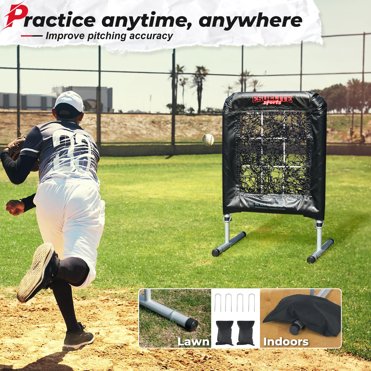 Heavy-Duty 9 Hole Pro Style Baseball & Softball Pitching Net with Strike Zone Target - Adjustable Portable Design for Training, Includes 4 Stakes & 2 Sandbags(Black Pro)