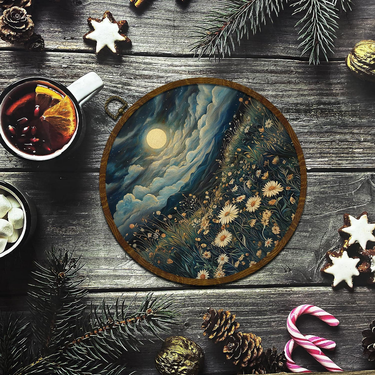 Moonlit Daisy Meadow Round Wall Art,10"x10" Romantic Nature Canvas Wall Hanging Decor with Frame, Rustic Night Landscape Wildflower Painting for Bedroom, Living Room, or Gift (FJ01)