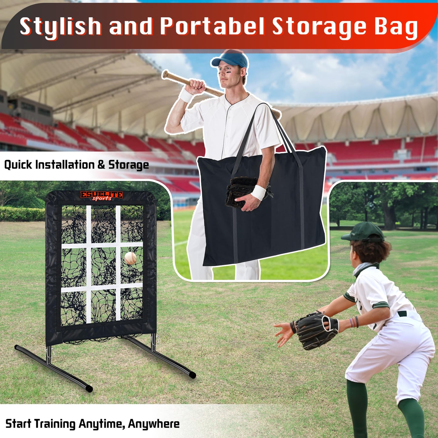 9 Hole Pitching Net with Strike Zone, Baseball Pitching Target, Softball Pitching Net, Portable Pitcher Training Equipment Height Adjustable(Black)