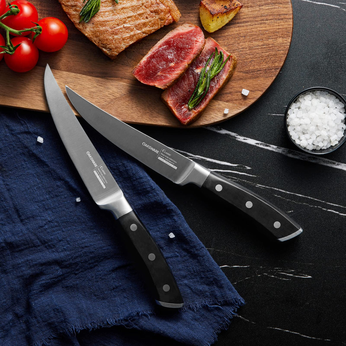 OAKSWARE Steak Knives, Non Serrated Steak Knife Set of 4, German Steel Steak Knife Set 5 Inch, 4 Pieces Professional Straight Edge Knives - Full Tang Ergonomic Handle