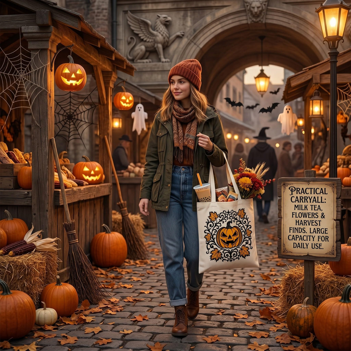 2 Pack Vintage Fall Halloween Canvas Tote Bags,Retro Gothic Ghost Witch Pumpkin Bat&Autumn Maple Leaf,Reusable Carryall Bags for Trick-or-Treat,Fall Harvest&Thanksgiving Gifting (Bat&Pumpkin)