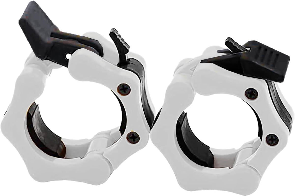 Clout Fitness Pro Elite Olympic Barbell Clamps Collars Quick Release Pair of Locking Weight Clips Fit 2 Inch Barbell for Weightlifting (White w/Black)
