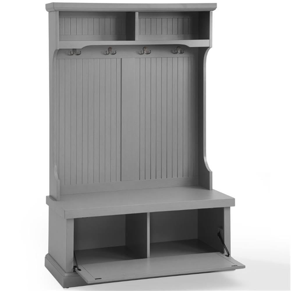 BOWERY HILL Coastal Wood Hall Tree, Distressed Navy Finish, 64.5" H x 40" W x 18.5" D, Solid Poplar Wood and Particle Board, Bench Seat, 4-Hook Coat Rack, Storage Shelves, Entryway Furniture