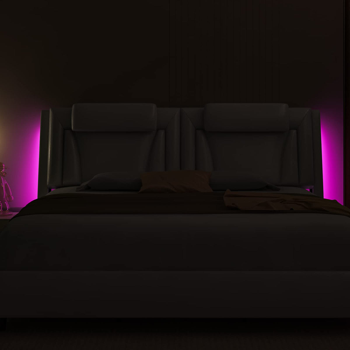 Keyluv King Size LED Bed Frame with Adjustable Headboard & Removable Pillow, PU Leather Upholstered Platform Bed, Wave-Like Curve Safety Design, Solid Wooden Slats Support, Easy Assembly, White