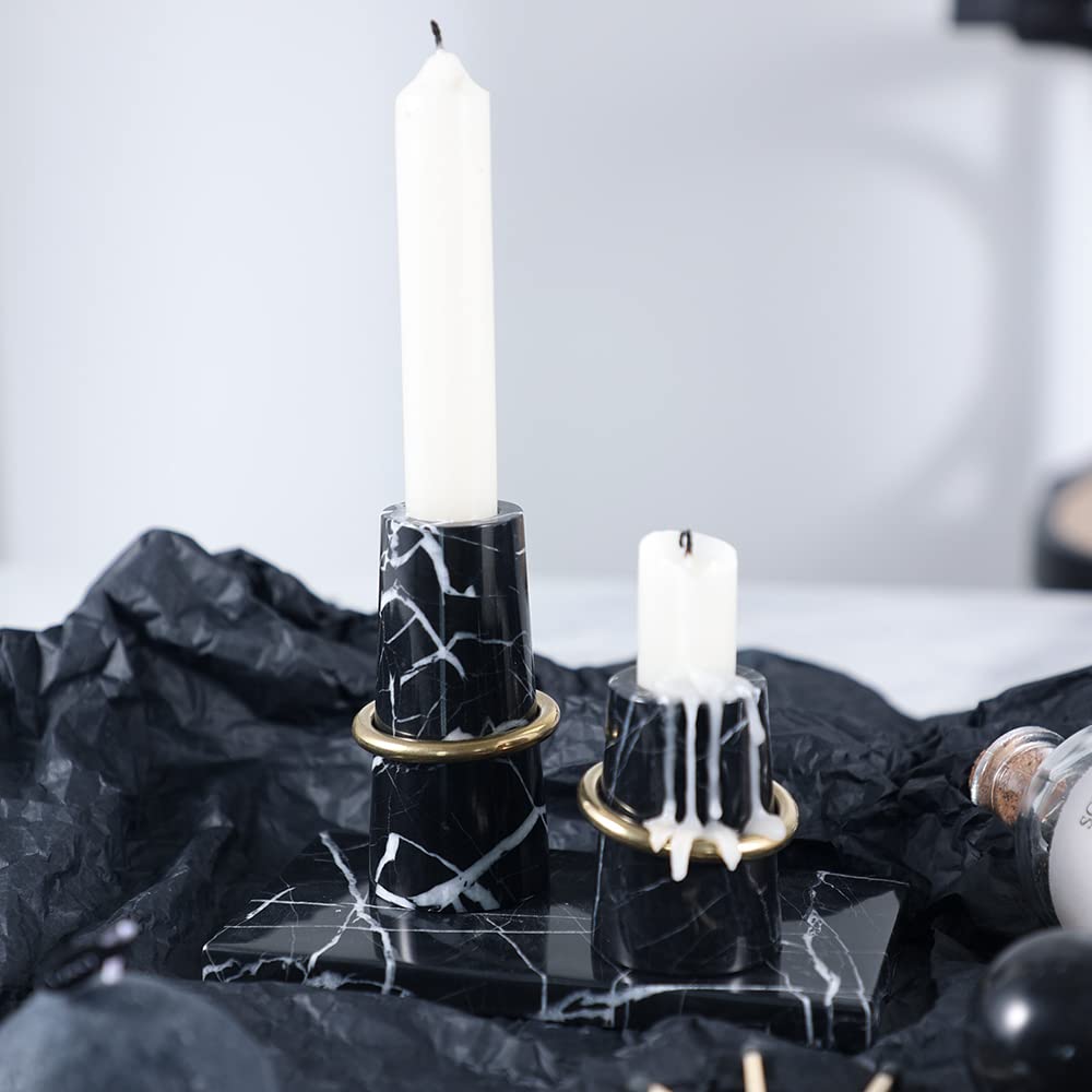 JIMEI Luxurious Marble Candle Holders Black Candlestick Holders, Set of 2 for 3/4" Taper Candles, Black and Brass Gold, Modern Candle Holders for Table Centerpiece Wedding Home Decor