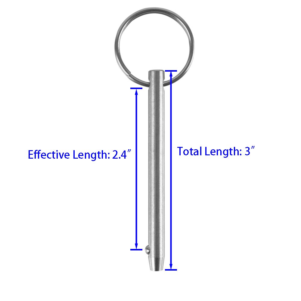 4 Pack Quick Release Pin, Diameter 1/4"(6.3mm), Overall Length 3"(76mm), Usable Length 2.4"(61mm), Full 316 Stainless Steel, Bimini Top Pin, Marine Hardware
