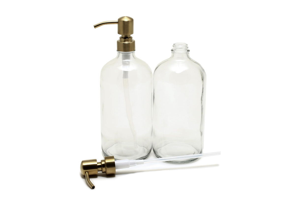 Vivaplex, 2, Large, 32 oz, Empty, Clear Glass Bottles with Stainless Steel, Yellow Gold, Lotion Pumps