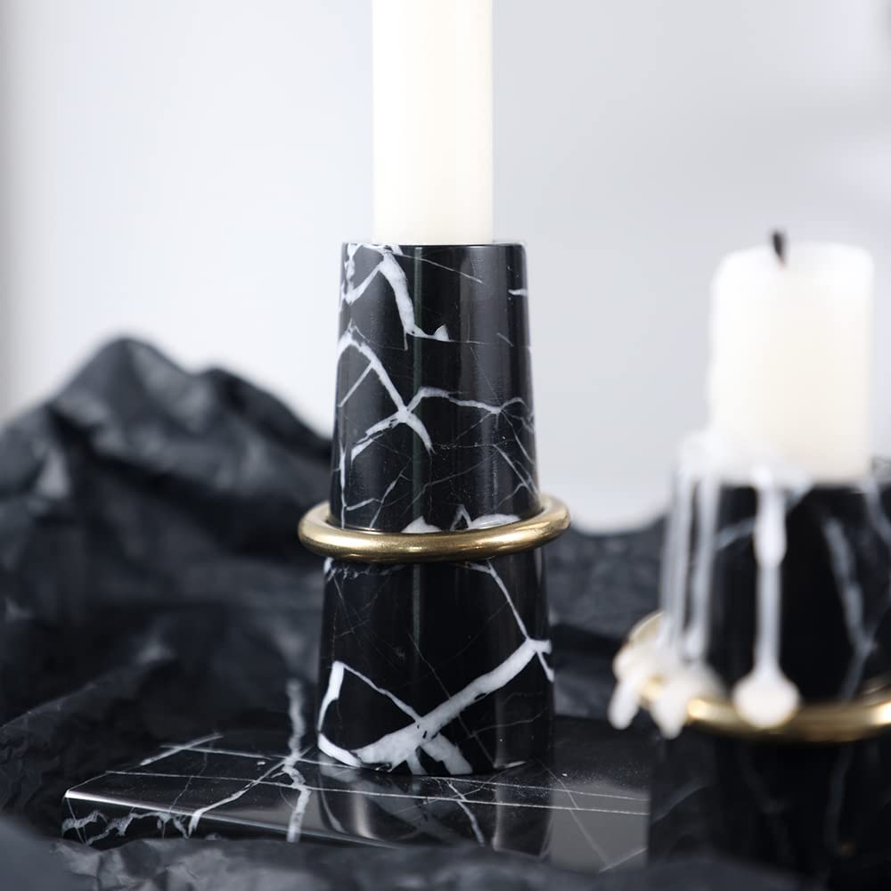 JIMEI Luxurious Marble Candle Holders Black Candlestick Holders, Set of 2 for 3/4" Taper Candles, Black and Brass Gold, Modern Candle Holders for Table Centerpiece Wedding Home Decor
