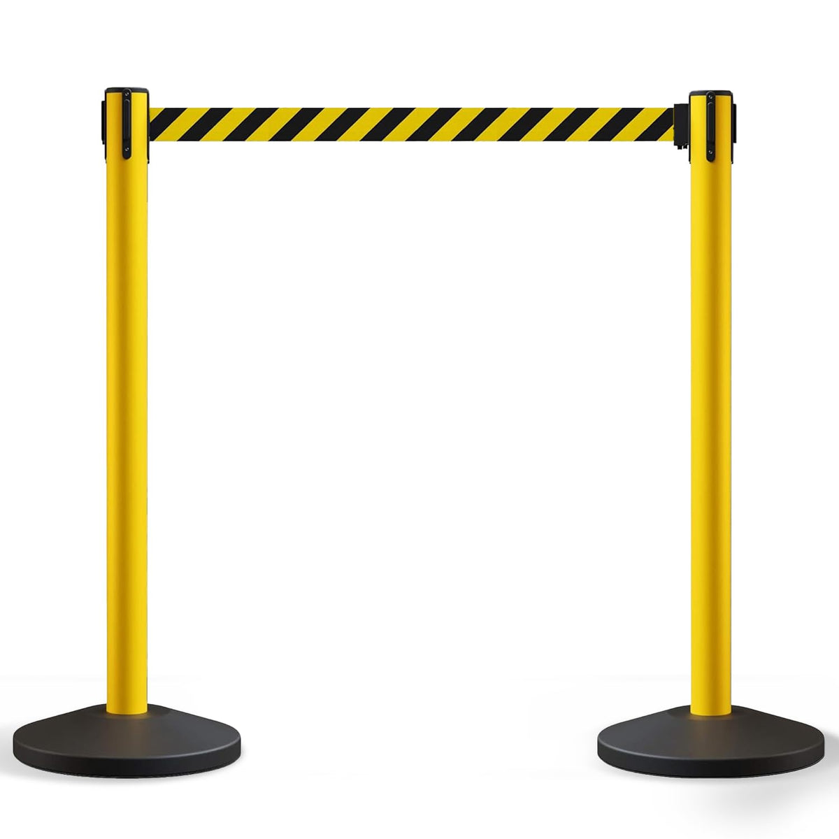 Crowd Control Warehouse Set of 2 Stanchion Retractable Belt Barriers, 11 Foot Black & Yellow Belt Barrier with 40” Yellow Posts, Premium Barriers with Heavy Duty Concrete Base, CCW Series RBB-100