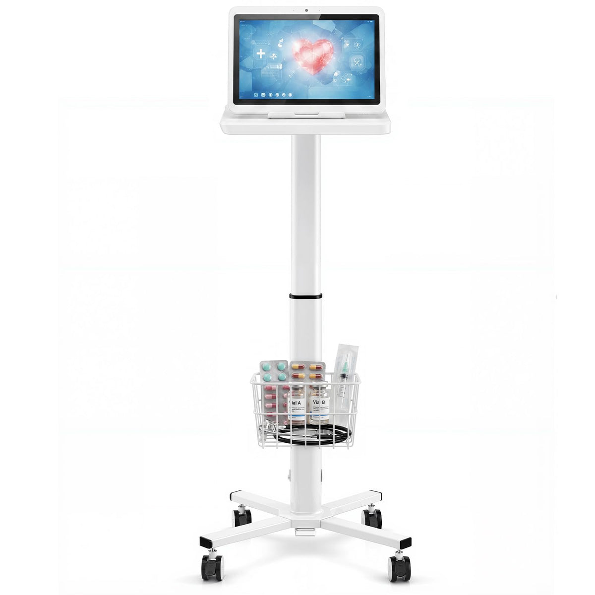 15.8" x 15.2" Medical Laptop Workstation Trolley Cart with Wheels Height Adjustable Medical Cart with Storage Basket Load for Dental Clinic, Home Office, Salon Hospital, Lab Use (Heavy Duty)