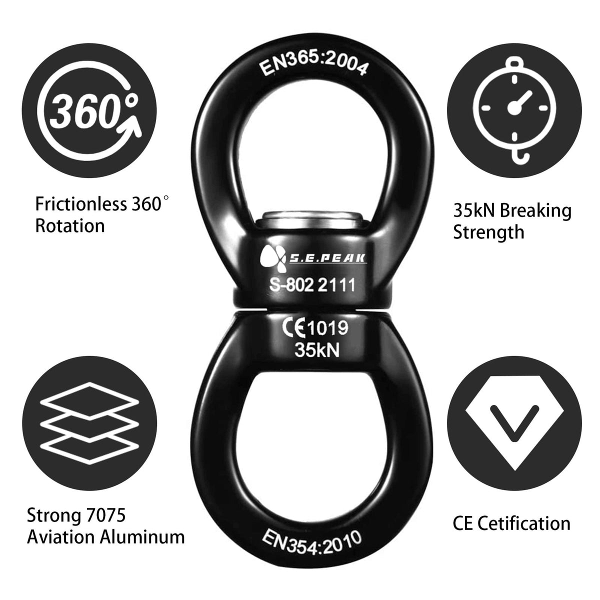 S.E.PEAK 35kN Swing Swivel, CE Certified 360°Rotational Device, Silent Hanging Accessory for Tree Swing, Aerial Dance