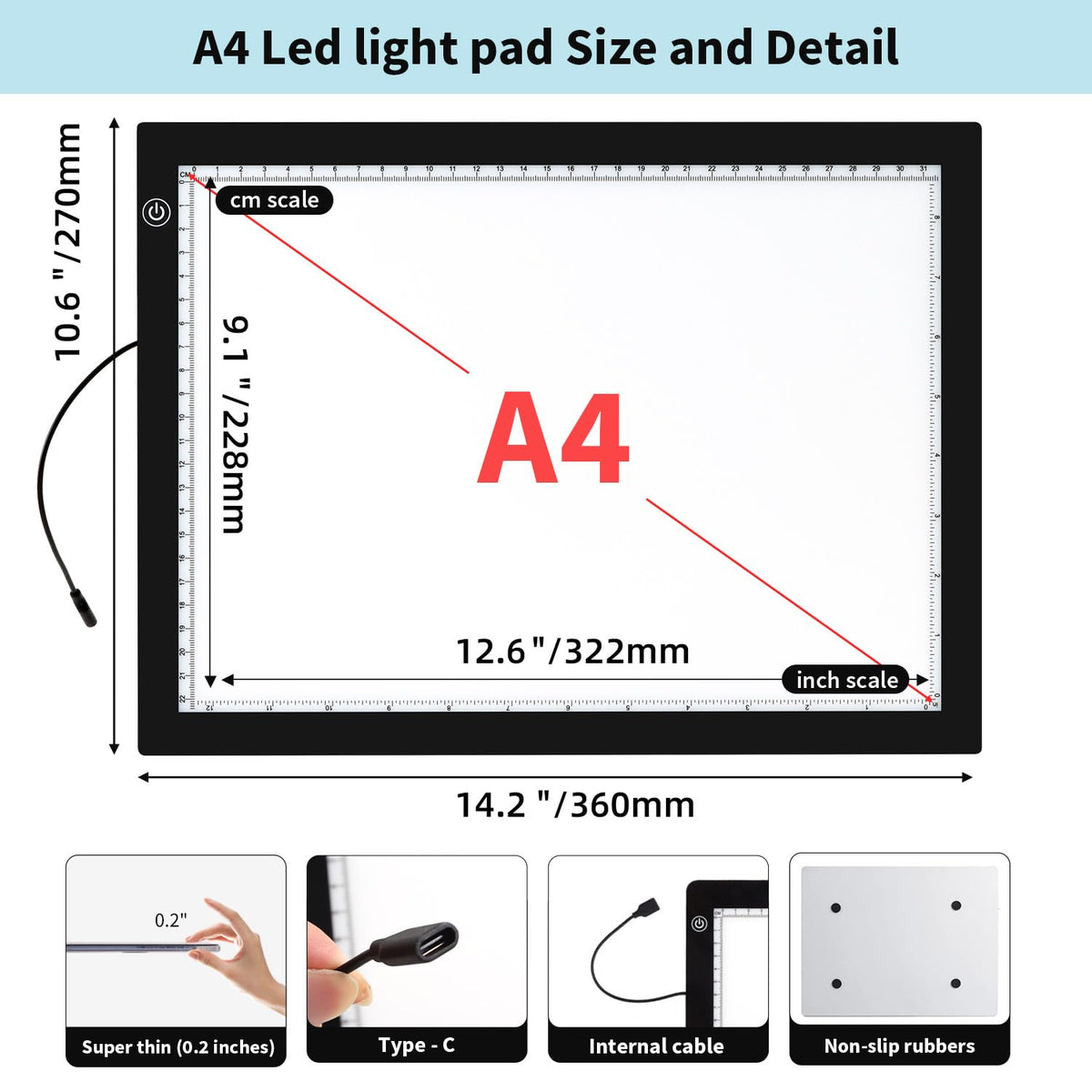 Zocelight A4 Light Pad for Diamond Art Kits for Adults,0.2" Ultra Thin Light Board with Stand and Clip for Diamond Painting Accessories,3 Levels Dimming Light Box for Drawing,Sketching,Animation