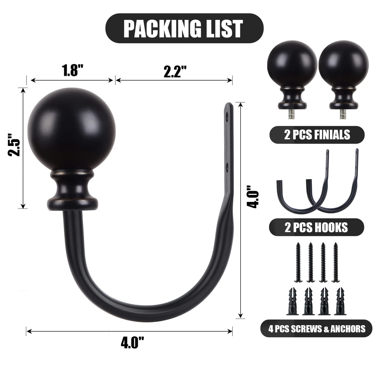 KAMANINA Curtain Holdbacks, Black Curtain Tiebacks Wall Mounted with Round Finials, Metal Curtain Pull Backs with Screws, Decorative Curtain Hooks for Drapes Bedroom (1 Pair/2 Pack, Small)