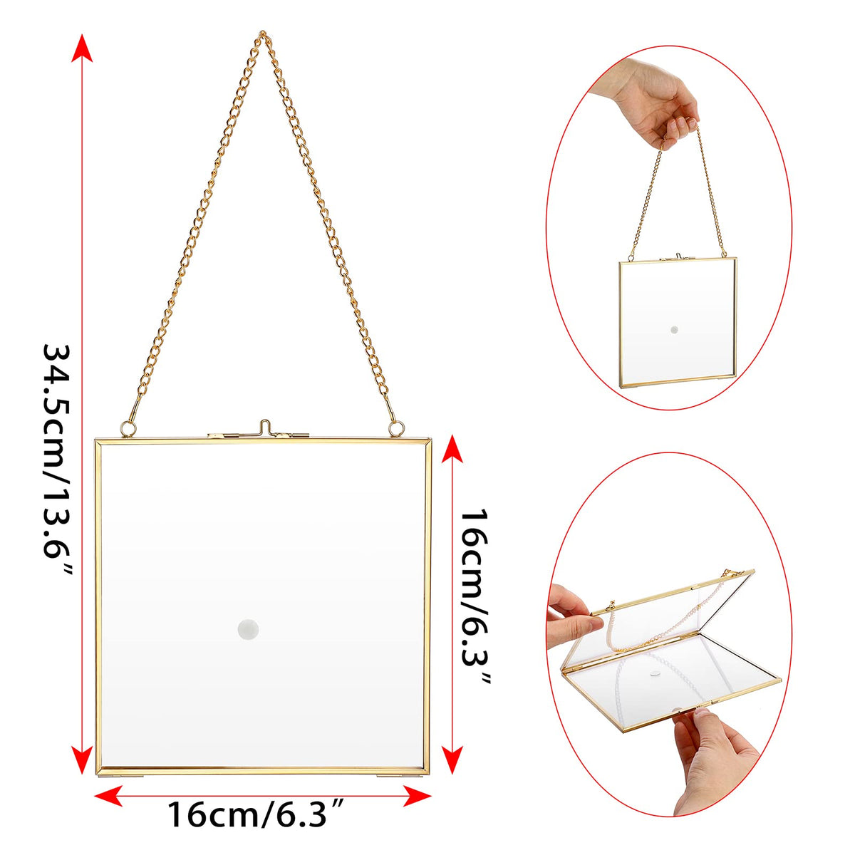 JUXYES 2 Pack Wall Hanging Brass Frame for Pressed Flowers, Glass Floating Frames for Display Dried Flowers Artwork, Double Glass Floating Style Square Gallery Wall Frame for Plants Photo Picture Poster etc