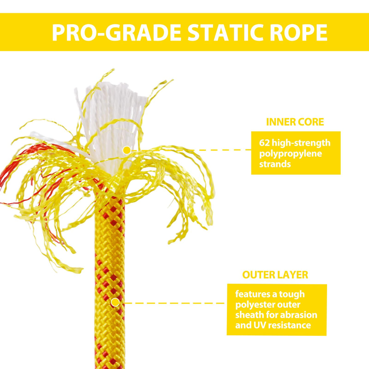 Vandham Static Climbing Rope - 12mm High Strength Arborist Rope 32FT for Outdoor Rappelling, Swing, Rigging, Tree Work, Camping - Yellow