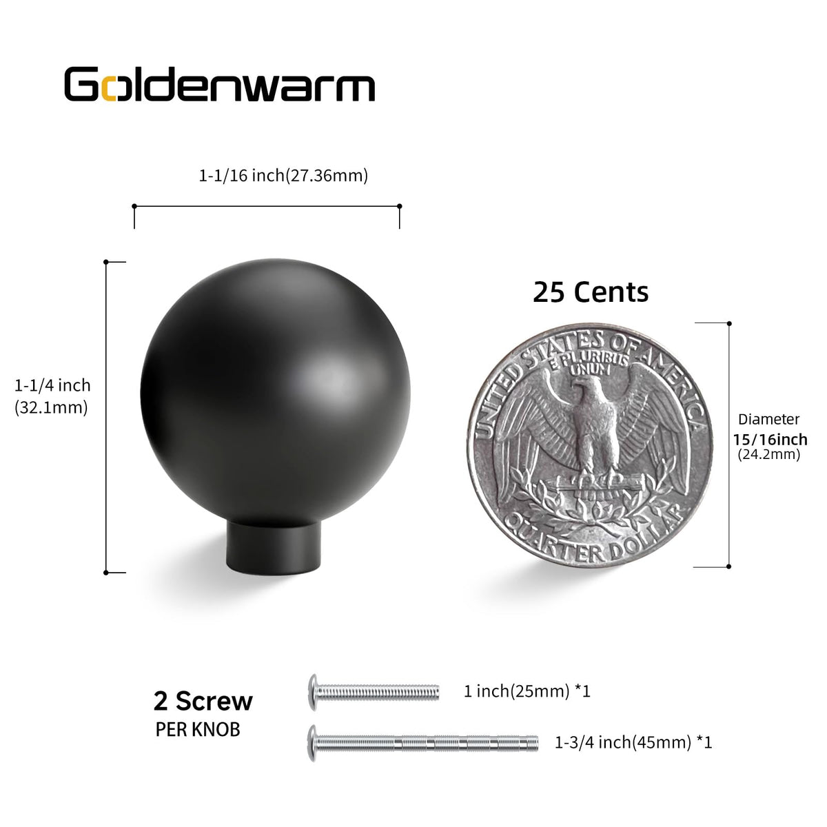 Goldenwarm 10 Pack Matte Black Cabinet Knobs Kitchen Dresser Drawer Knobs Round Ball Hardware for Cabinets Single Hole