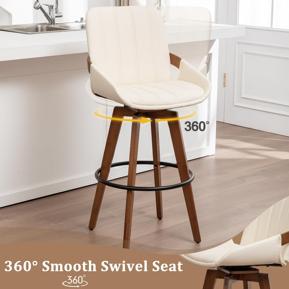 AQG Counter Stools Set of 2, 26.3 Inch Mid Century Modern Counter Height Bar Chairs, Swivel Barstools with Walnut Craft, Faux Leather Upholstered Furniture for Island/Counter (Beige, 26.3"-2 PCS)