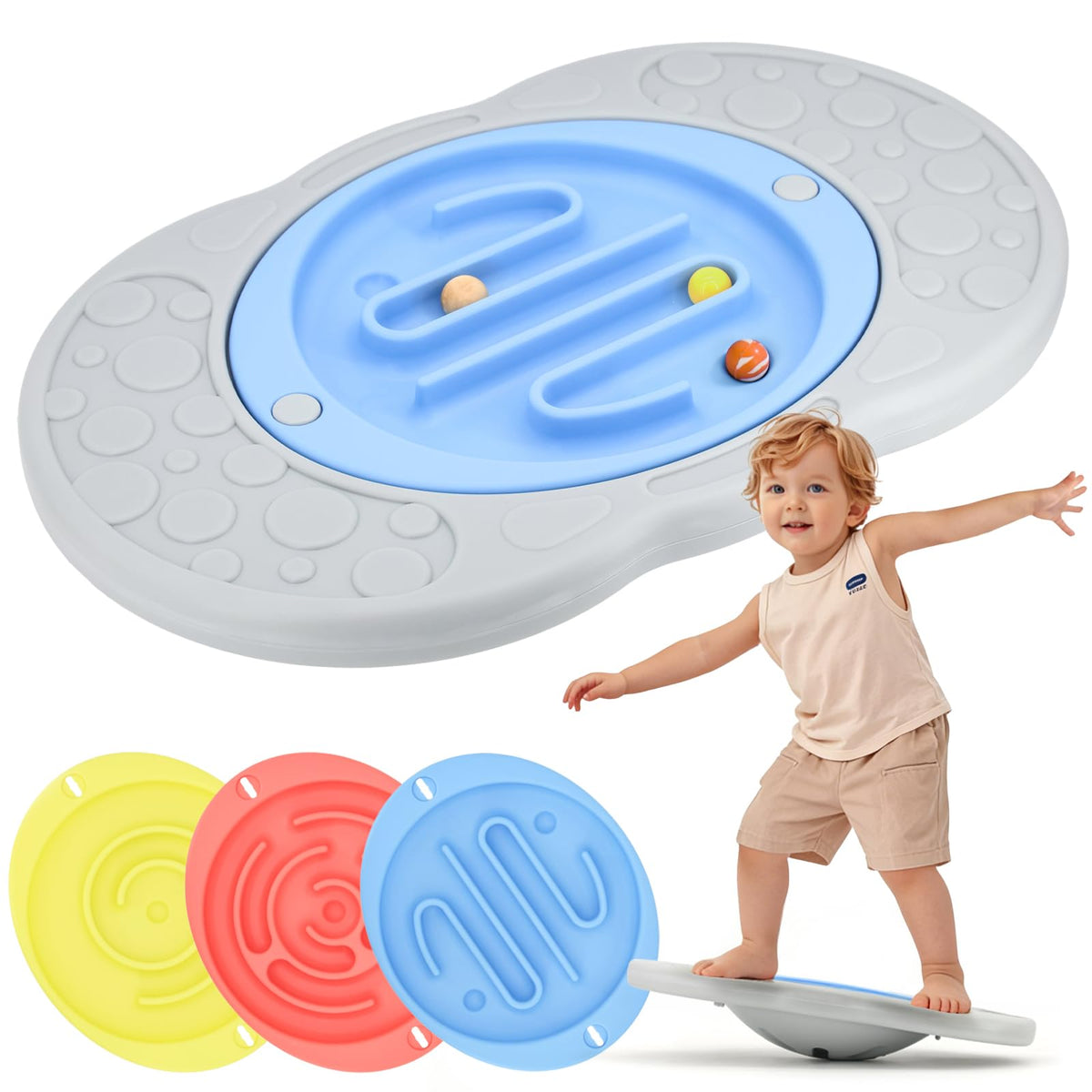 Balance Board Maze for Kids, Wobble Board with 3 Balls, 3 Replacement Labyrinth Boards, Indoor Active Play Toys for Sensory Training, Ages 3+, Max Load 140 Lbs