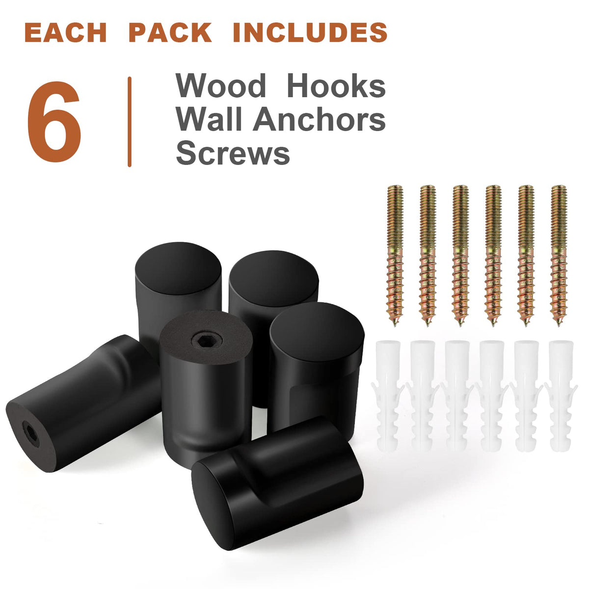 BSDONTE Wood Wall Hooks (6 Pack), Decorative Black Coat Hooks - Heavy Duty, Wall Mounted Hangers for Coats, Backpack, Towel, Cap (Black)