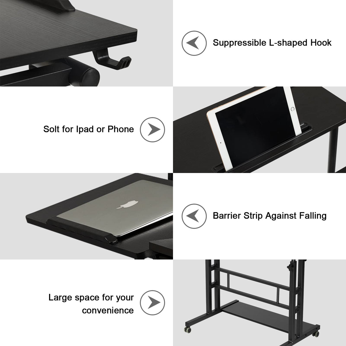 Hadulcet Stand Up Desk, Rolling Desk Adjustable Height, Mobile Standing Desk with Wheels & Charging Station, Portable Stand for Laptop, Rolling Computer Cart TV Tray, Small Standing Desk Drawing Table