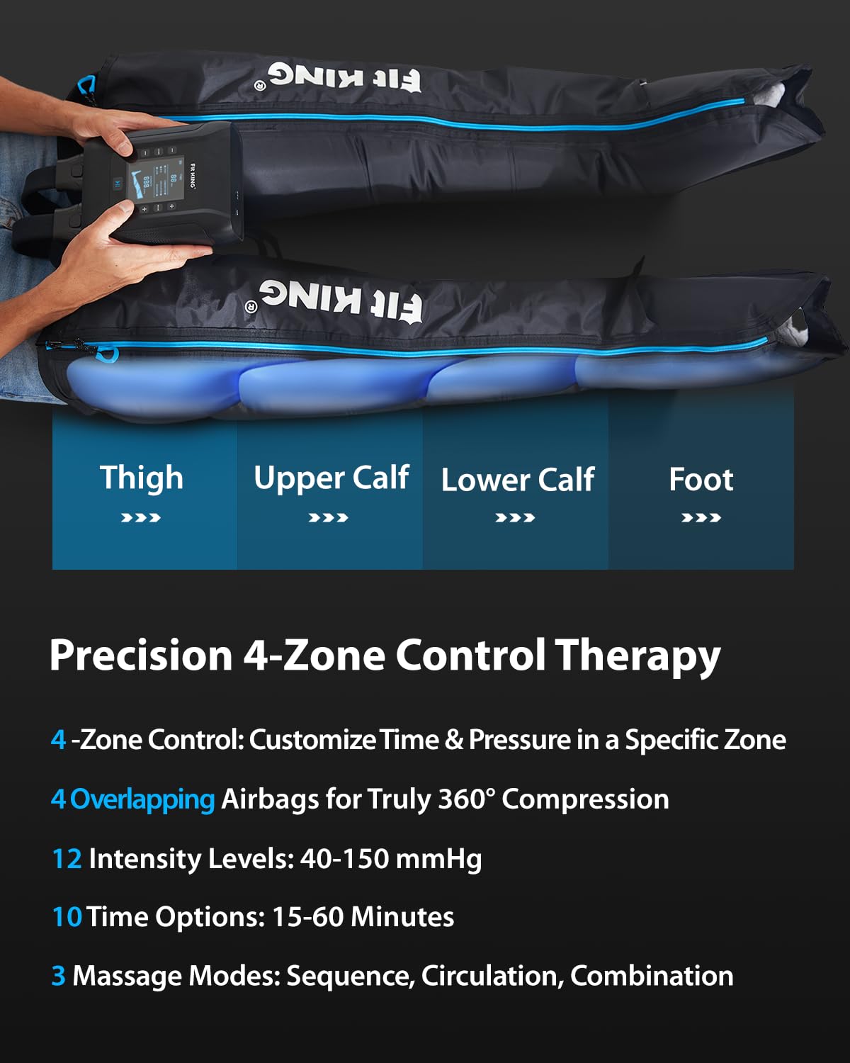 FIT KING Professional Air Compression Leg Recovery Compression System, Rechargeable Portable Recovery Boots Pneumatic Compression Device, Fast Recovery & Improved Circulation for Athletes (Large)