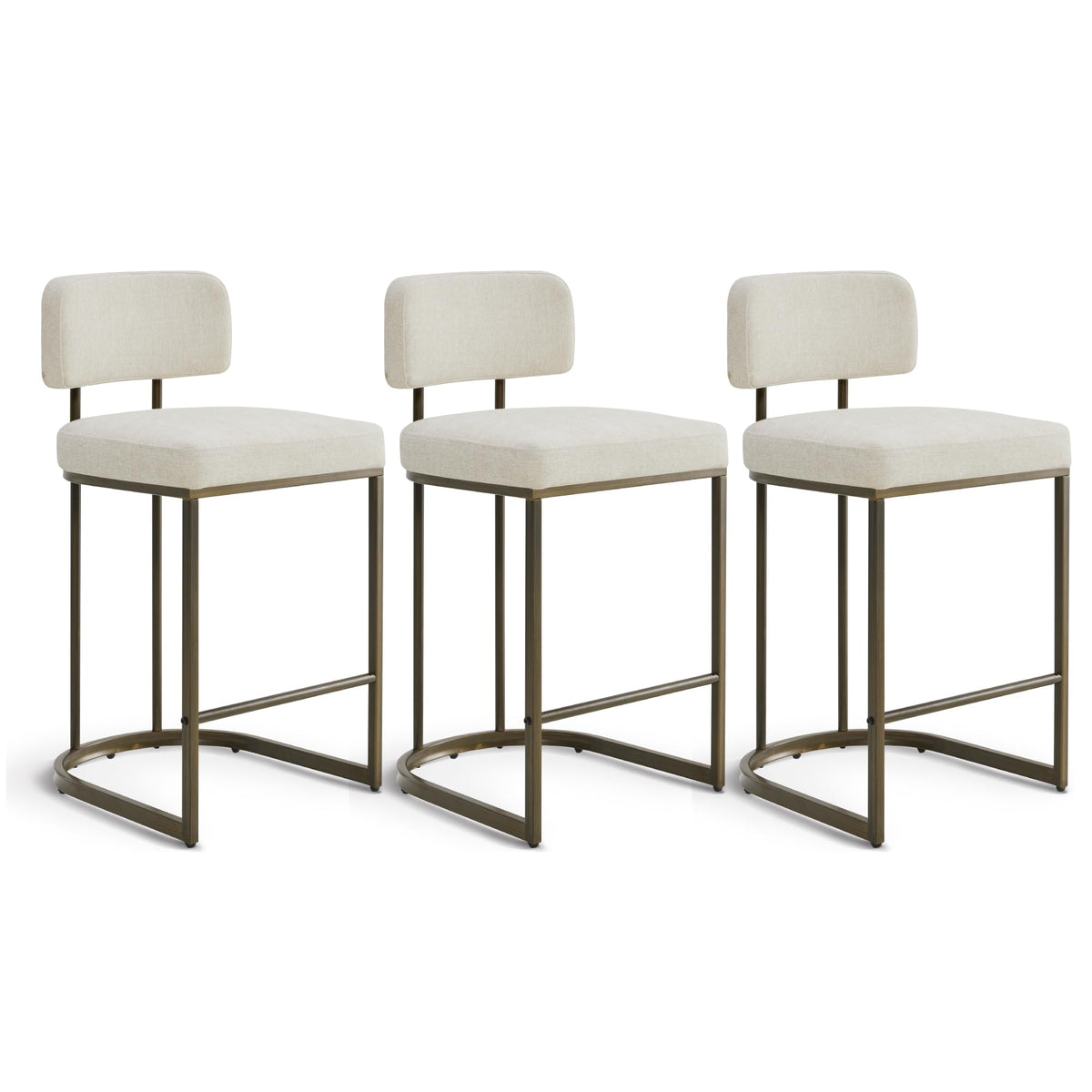 26" H Counter Height Bar Stools Set of 3, Modern Linen Fabric Upholstered Barstools with Backrest for Kitchen Island, Gold Metal Frames, Linen