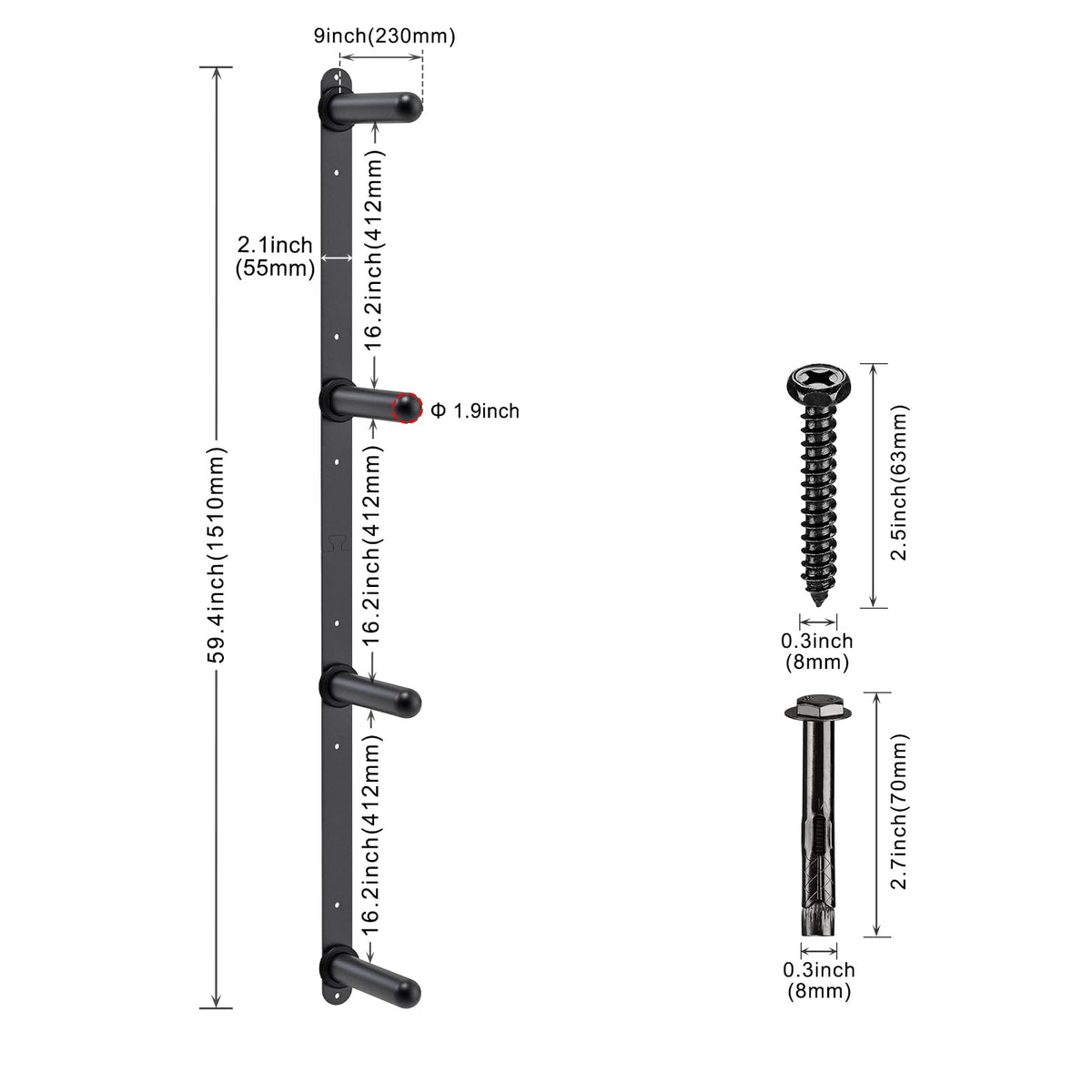 Kipika Weight Plate Storage Rack - Wall Mounted 4-Peg Durable Steel Construction Organizer for Olympic Plates, 1600lb Capacity, Space-Saving for Home Gym