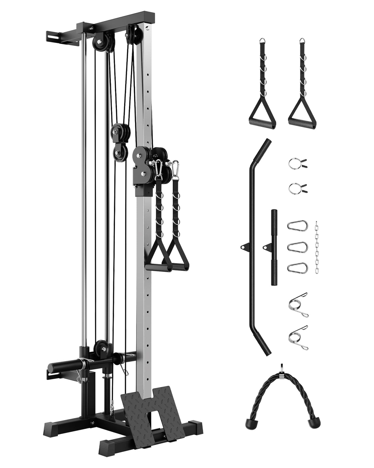 GarveeLife Wall Mount Cable Station, LAT Pulldown Machines with 19 Positions Dual Pulley System, Cable Crossover Machine with Footplate, T-Bar and More Attachments Workout Equipment Home Gym