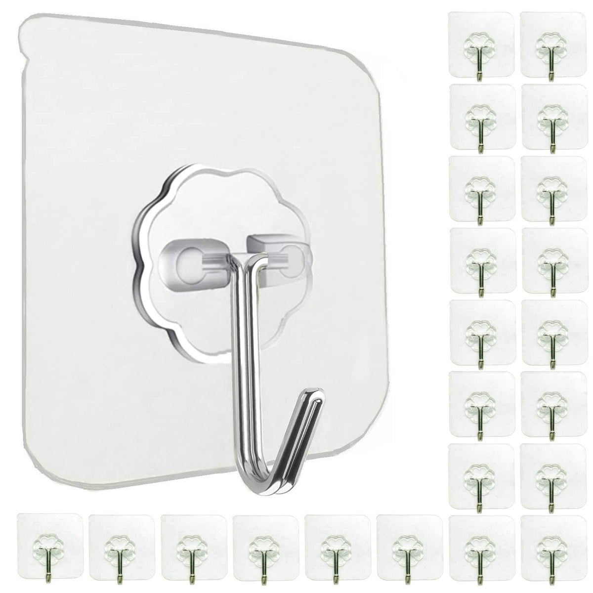 Jwxstore 24 Pack Adhesive Wall Hooks 33LB Heavy Duty No Drill Transparent Waterproof Hooks for Bathroom Kitchen Towel Coat Office Home Outdoor