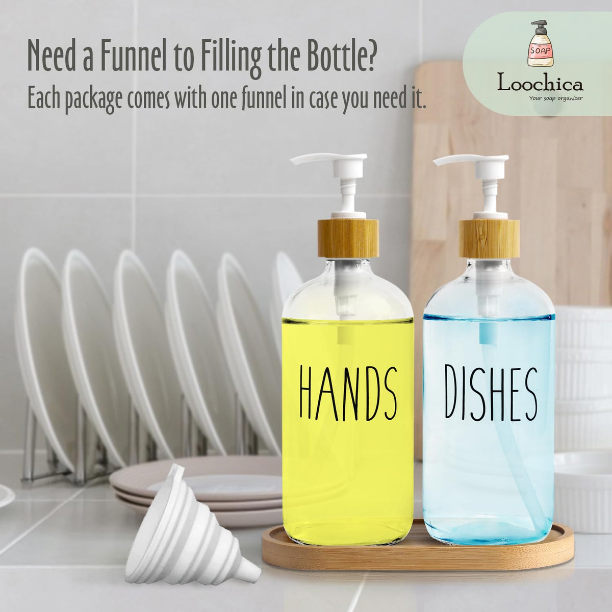 LOOCHICA Clear Glass Soap Dispenser Set with Tray, Transparent Dish and Hand Soap Dispenser Set, Refillable Reusable Apothecary Soap Pump Dispenser Bottles for Bathroom and Kitchen