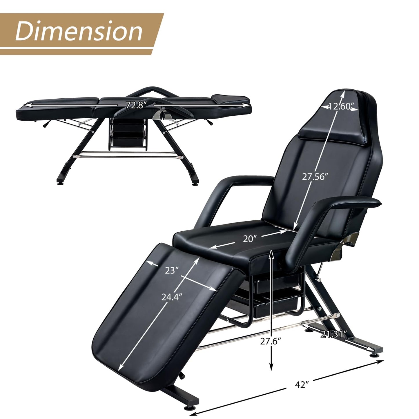 Massage Salon Tattoo Chair with Two Trays Esthetician Bed Hydraulic Stool Multi-Purpose 3-Section Facial Bed Table Adjustable Beauty Barber Spa Equipment Black