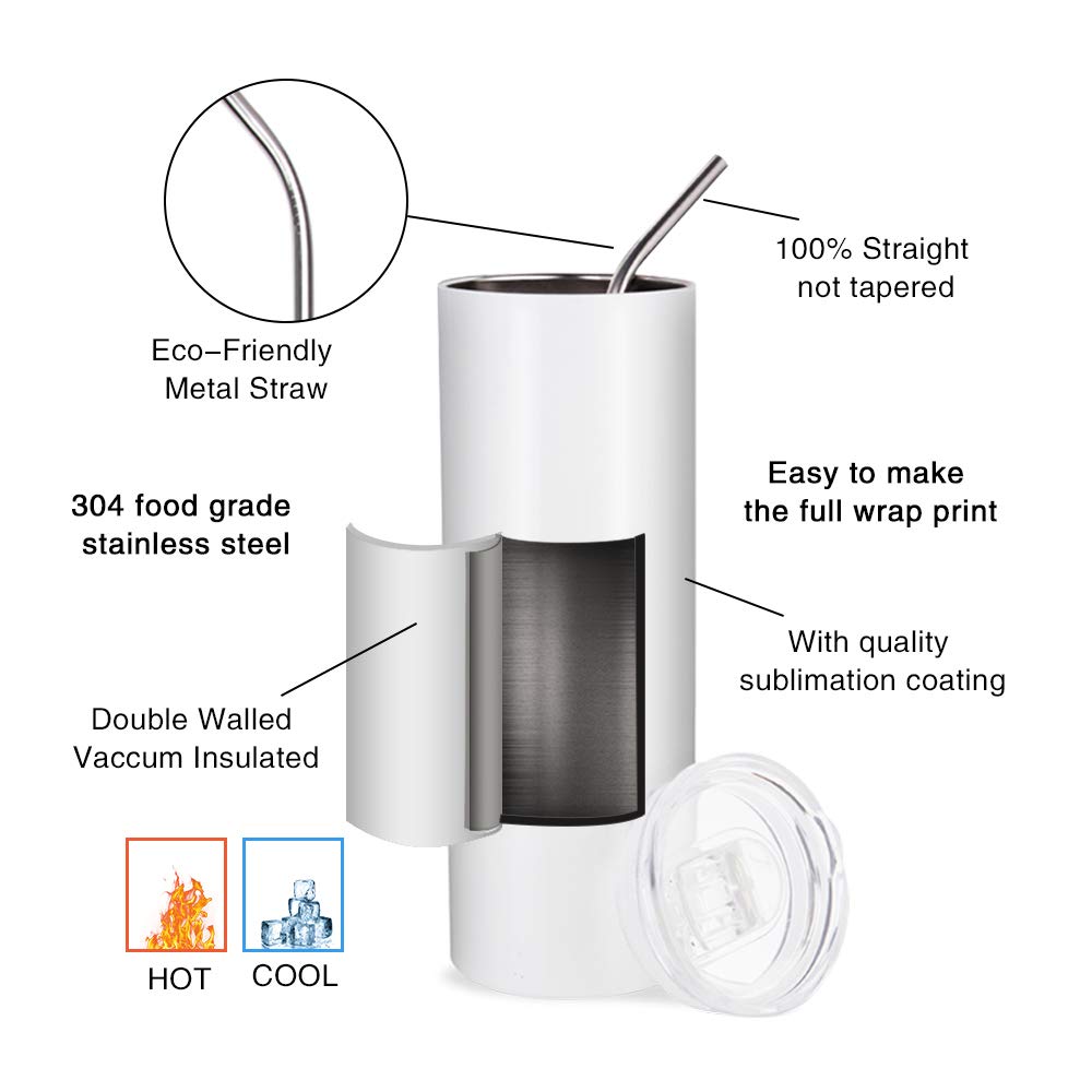 PYD Life 12 Pack Sublimation Tumblers Blanks Skinny White 20 OZ Straight Bulk Stainless Steel Cups with Metal Straw and Lid for Tumbler Heat Press Machine Sublimation Print