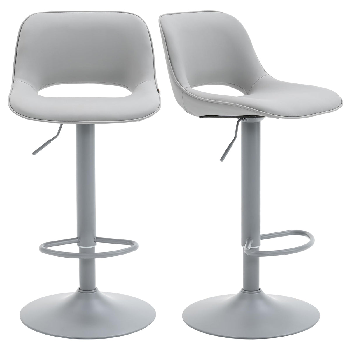 YOUNIKE Bar Stools Set of 2 All Grey Swivel Barstools, Compact Adjustable Counter Height Bar Stools Faux Leather Upholstered Counter Stools with Hollow Back for Kitchen Island
